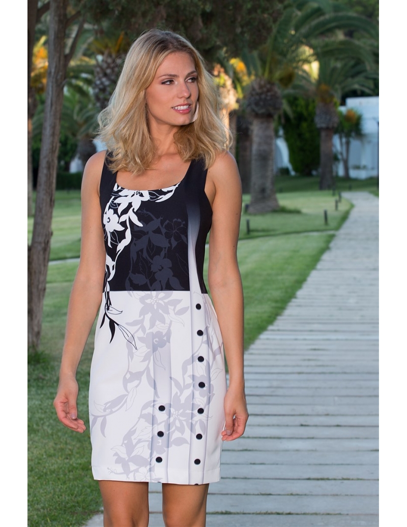 Robe Femme Habillée Chic Noir Et Blanc à Fleurs Punch Bleu