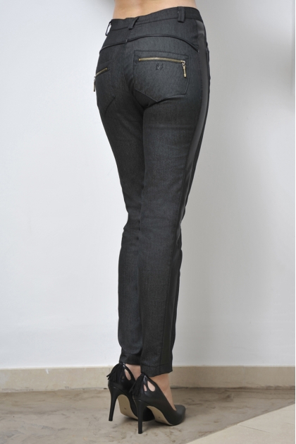 PANTALON JEAN FEMME SLIM NOIR ET FAUX CUIR BARCELONE