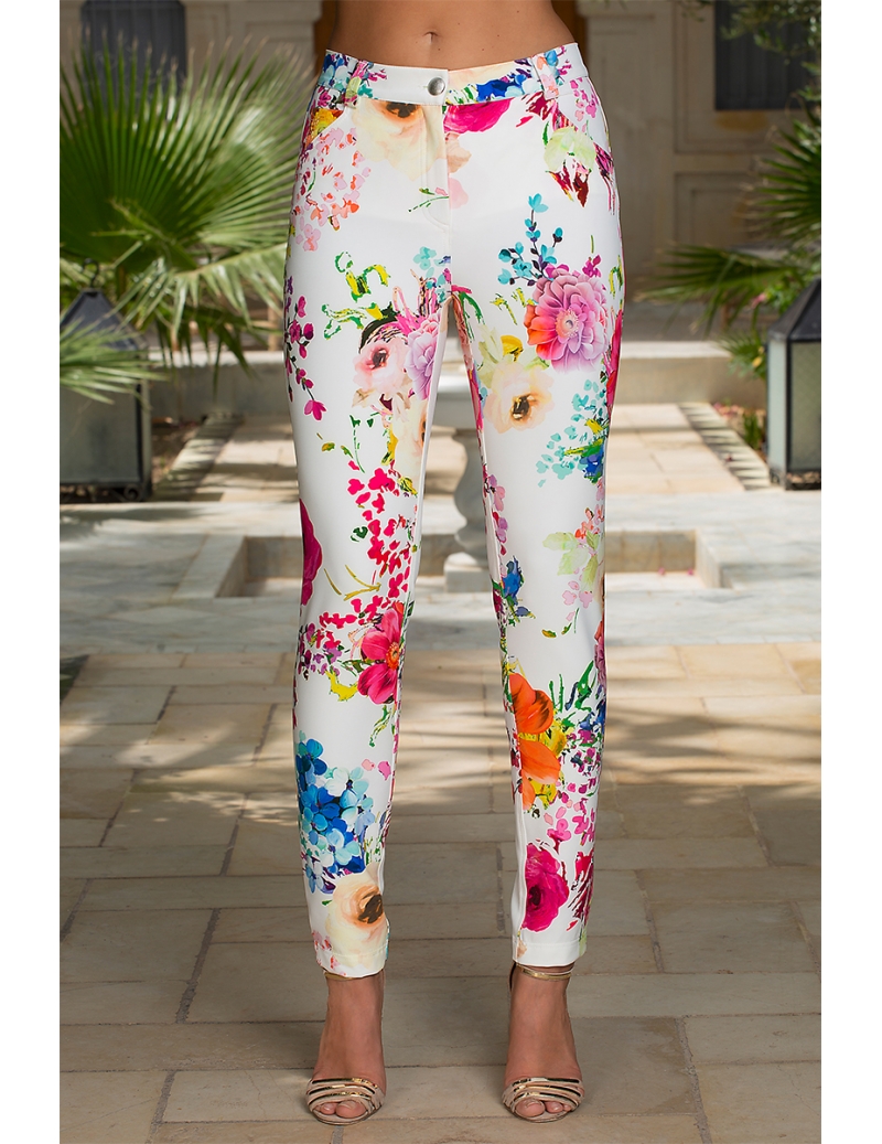 Pantalon AnabelBleu Femme D'azur Chic Droit Blanc Fleuri Mode Pwn0O8k