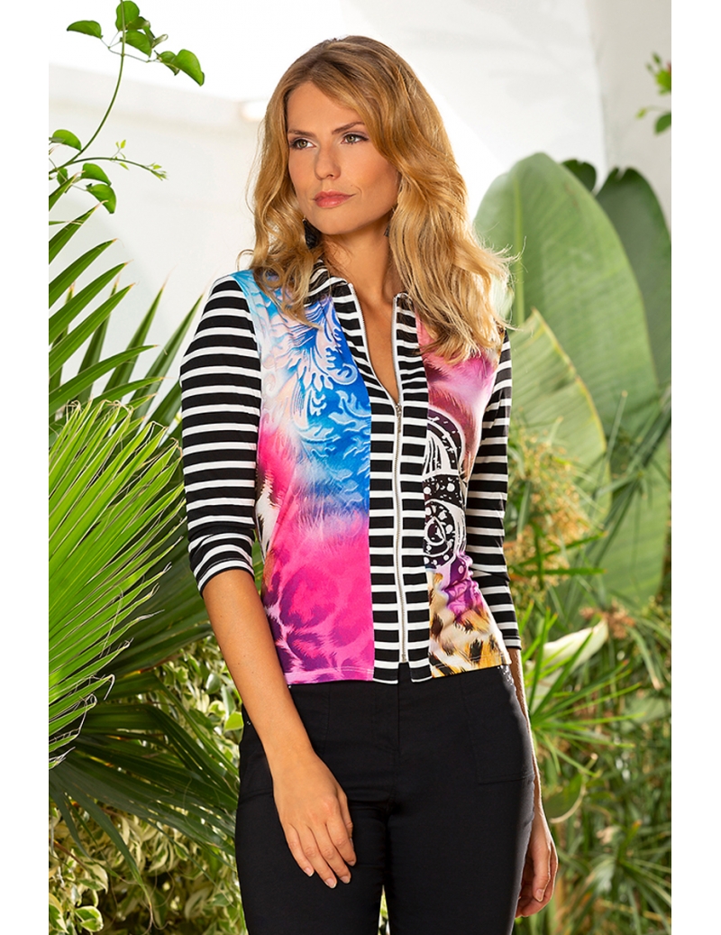 Gilet zippé été femme mix motif sauvage & rayure Tripoli l Veste en jean sequins et pierres fantaisie bas effiloché
