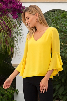 Blouse jaune décolleté V dos et manches volantées Soleil