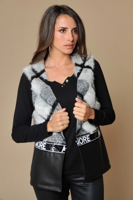 GILET SANS MANCHE FAUSSE FOURRURE ET DAMIER HIVER AMORE