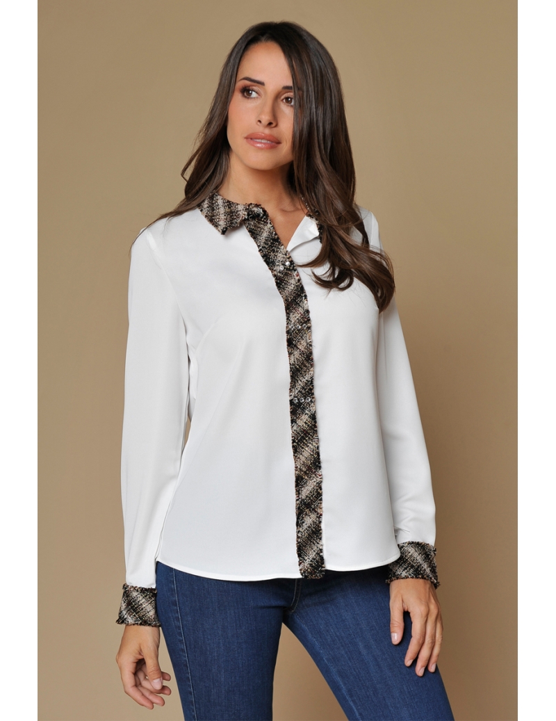 CHEMISIER BLANC ET TWEED CHIC MODE HIVER FEMME MONICA  BLEU D'AZUR
