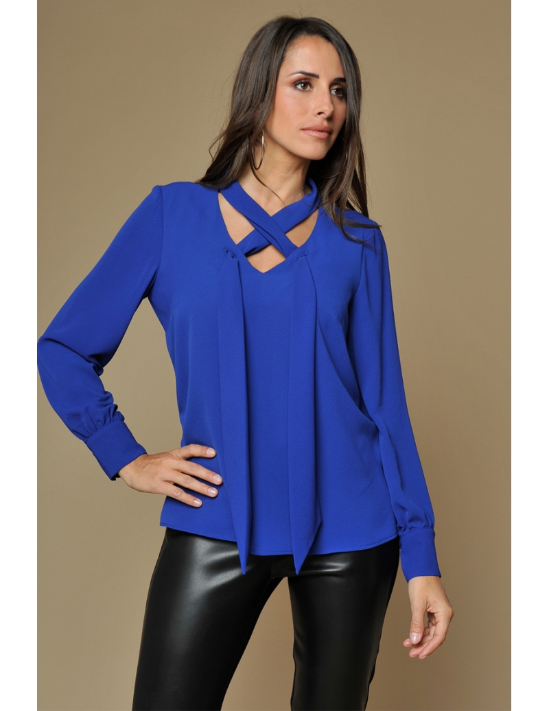 Blouse Fluide Crêpe Bleu Roi Col V Hiver Femme Tresor Bleu