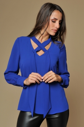 BLOUSE FLUIDE CRÊPE BLEU ROI COL V HIVER FEMME TRESOR