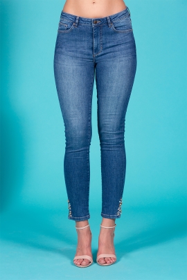 Jeans slim été femme denim fendu décor perles Solange 