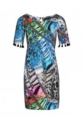 Robe droite été femme imprimé bleu manche pompons mandala