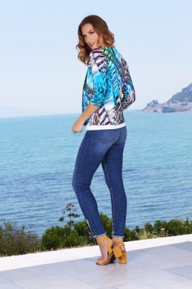 Gilet zippé femme imprimé sauvage bleu manches 3/4 Rey