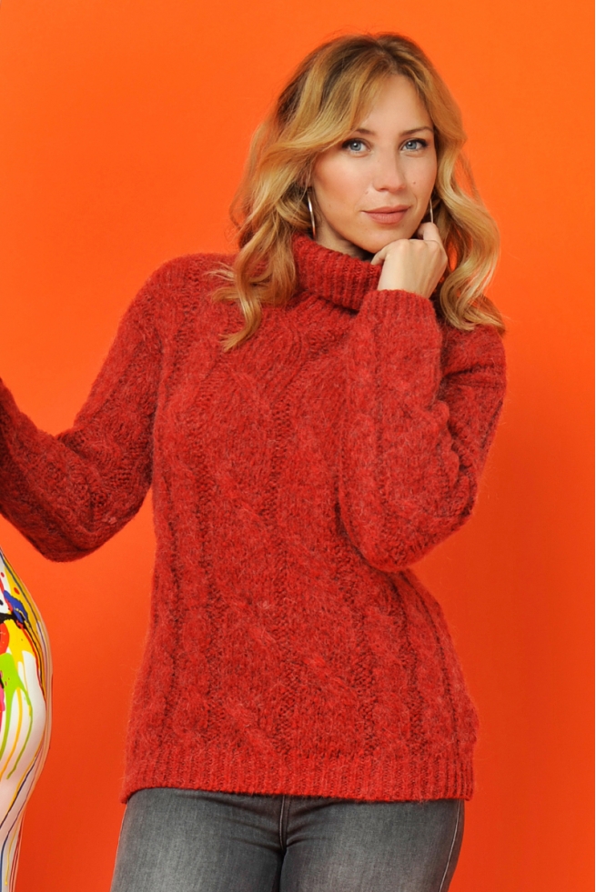 Pull femme col roulé rouge grosse maille torsades Olivia ...