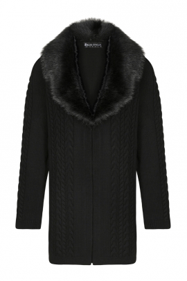 GILET MI-LONG MAILLE NOIRE COL FAUSSE FOURRURE BEAUNE BLEU D'AZUR