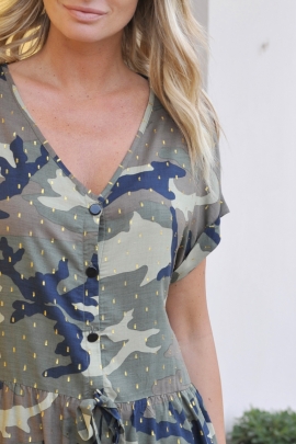 BLOUSE FEMME FLUIDE VISCOSE IMPRIME CAMOUFLAGE ET LUREX OFFICIER