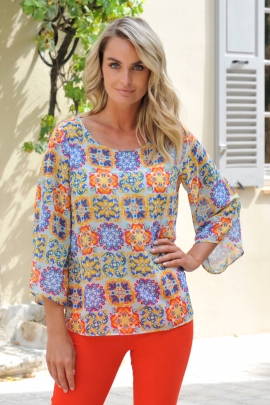 BLOUSE CHIC VOILE FLUIDE MOTIFS ITALIENS BLEU D'AZUR FLORENCE