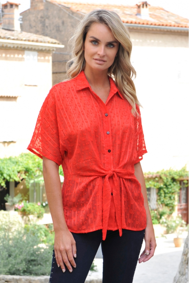 BLOUSE CHEMISE CHIC A NOUER VOILE DEVORE ROUGE ELANA