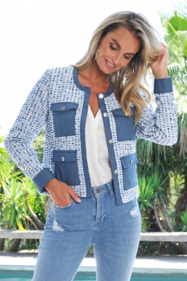VESTE TAILLEUR FEMME TWEED LEGER BLEU ET BLANC MANCHES 3/4 PENNY
