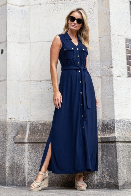 ROBE CHEMISE LONGUE BLEU MARINE A NOUER PRESSION OR SANTINA