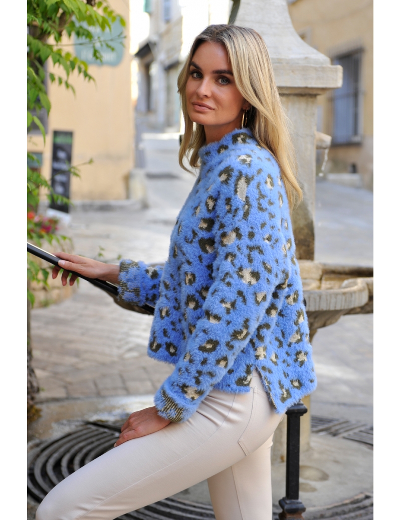 Pull col montant bleu femme