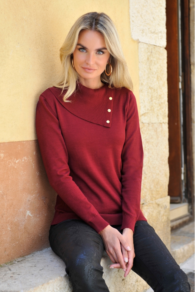 Pull chic bordeaux femme maille douce col enveloppe Dasia