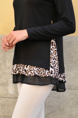 Tunique noir léopard chic femme en jersey voile et plissé Jordana BLEU D'AZUR