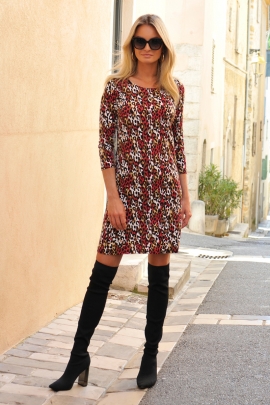 Robe évasée jersey motif peau de bête rouge noir blanc Rosi BLEU D'AZUR