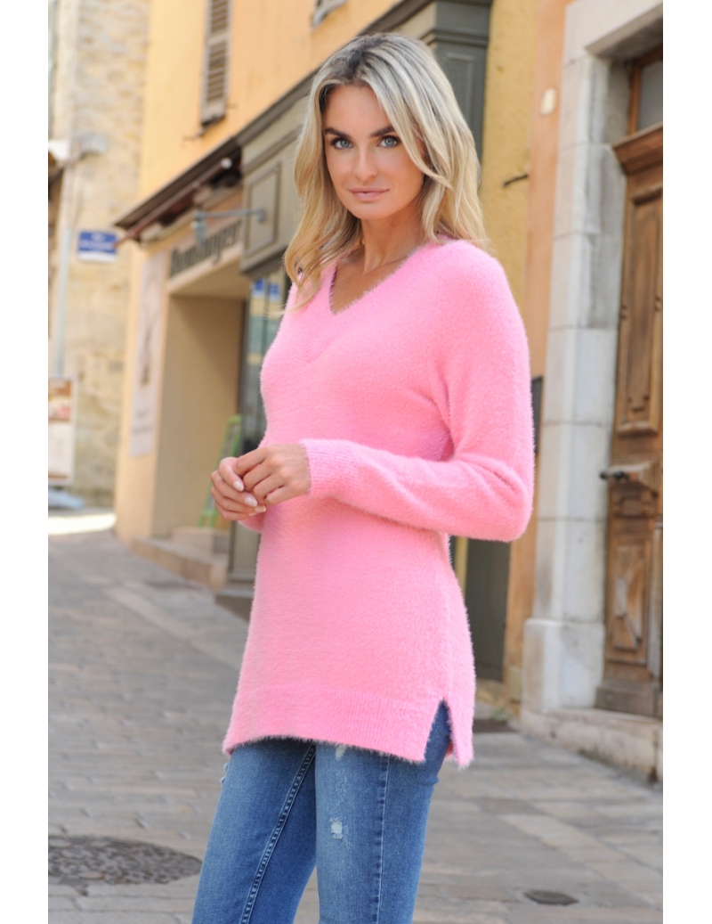 Pull long chic ultra doux col V coupe droite rose Starz