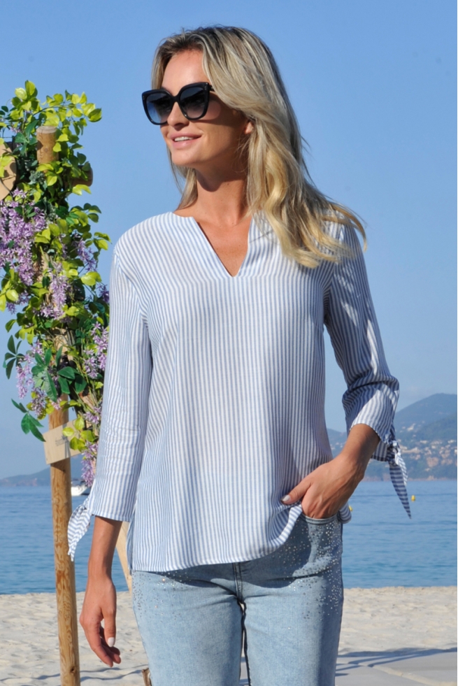 BLOUSE ÉTÉ CHIC DÉCONTRACTÉ VOILE VISCOSE RAYURES BLEU ELLA BLEU D'AZUR