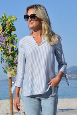 BLOUSE ÉTÉ CHIC DÉCONTRACTÉ VOILE VISCOSE RAYURES BLEU ELLA BLEU D'AZUR