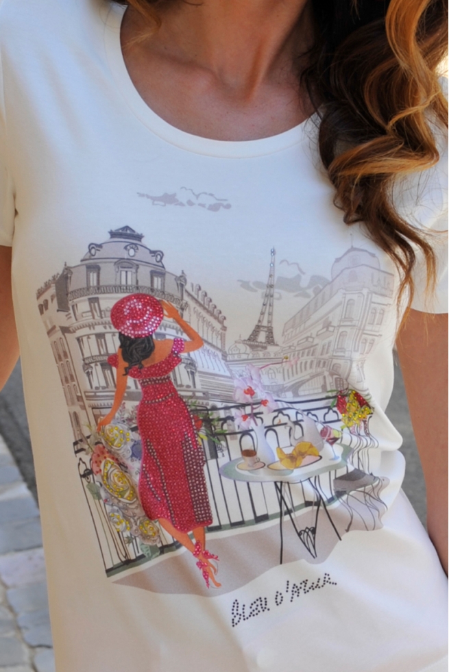 TSHIRT ÉTÉ FEMME COTON MODAL BLANC STRASS DESSIN FAUBOURG BLEU D'AZUR