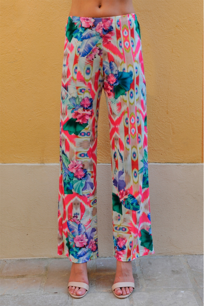 PANTALON ÉTÉ FEMME FLEURS HAWAI CHIC FLEURI NAPALI BLEU D'AZUR