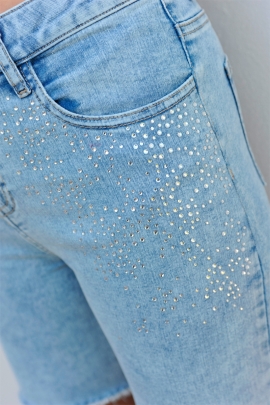 SHORT JEANS FEMME BLEU DÉLAVÉ FRANGES STRASS CHIC STEPHANIE BLEU D'AZUR