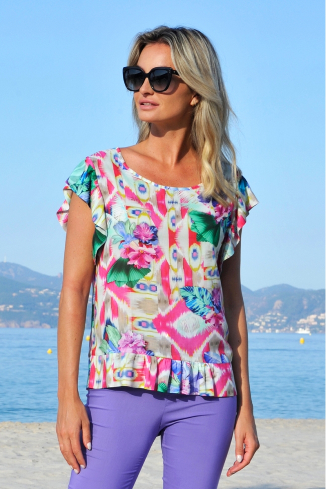 TOP ÉTÉ FEMME VISCOSE FLUIRE MOTIF HAWAII ROSE KOHALA BLEU D'AZUR