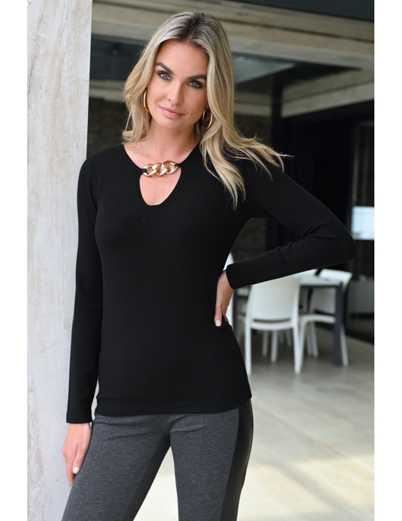 Pull chic noir femme maille douce col V fantaisie Posh