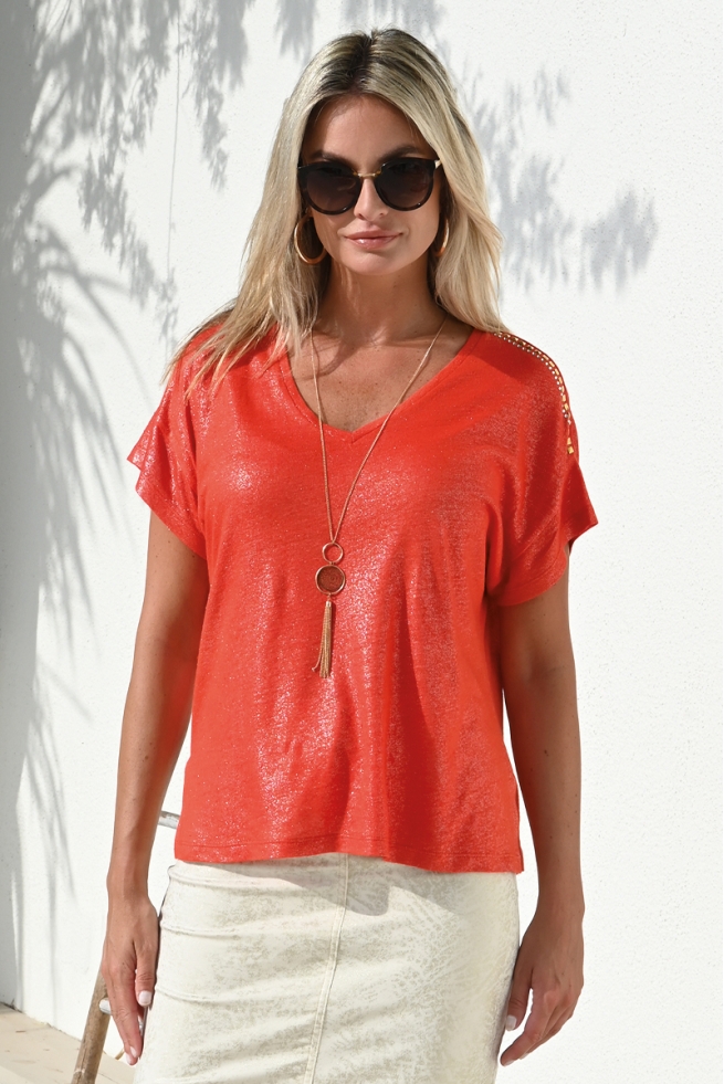 T-SHIRT FEMME ORANGE SPICY EN LIN VISCOSE IRISÉ COUPE CONFORT CHIC HABILLÉ TRISH BLEU D'AZUR