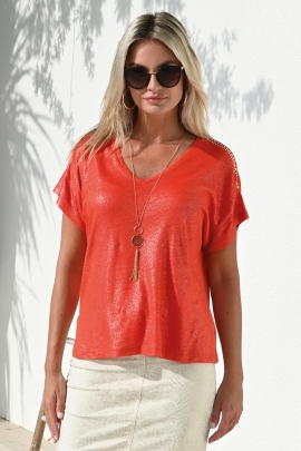 T-SHIRT FEMME ORANGE SPICY EN LIN VISCOSE IRISÉ COUPE CONFORT CHIC HABILLÉ TRISH BLEU D'AZUR