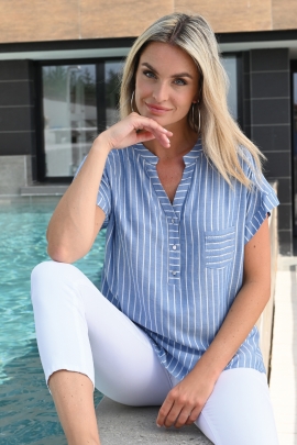 BLOUSE FEMME CHIC EN VOILE VISCOSE RAYURES BLEU ET BLANC CAY BLEU D'AZUR