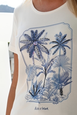 T-SHIRT FEMME EN MODAL SERIGRAPHIE BLEU STRASS MANCHES COURTES JUNGLE BLEU D'AZUR