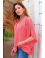 TOP LONG FEMME CORAIL FLUIDE MANCHES VOLANTEES OUVERTES DAIKIRI BLEU D'AZUR