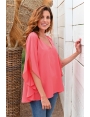 TOP LONG FEMME CORAIL FLUIDE MANCHES VOLANTEES OUVERTES DAIKIRI BLEU D'AZUR