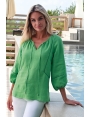 BLOUSE BOHEME VERTE FEMME EN LIN MANCHE BALLON 3/4 SHANTI BLEU D'AZUR