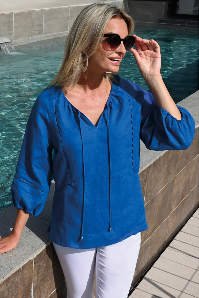 BLOUSE BLEU ELECTRIQUE EN LIN MANCHE BALLON 3/4 SHANTI BLEU D'AZUR