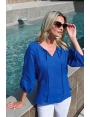 BLOUSE BLEU ELECTRIQUE EN LIN MANCHE BALLON 3/4 SHANTI BLEU D'AZUR