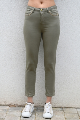 Jean 7/8 femme en coton stretch kaki clair galon or Palms BLEU D'AZUR
