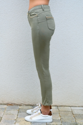 Jean 7/8 femme en coton stretch kaki clair galon or Palms BLEU D'AZUR