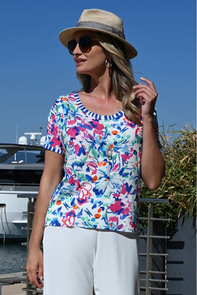 T-SHIRT FEMME EN JERSEY VISCOSE DOUX COUPE CONFORT DOS RAYURES JERRY BLEU D'AZUR