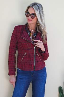 Veste femme en tweed bordeaux chanelisant avec zips Eden BLEU D'AZUR