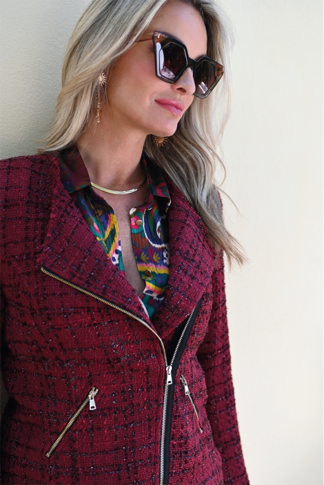 Veste femme en tweed bordeaux chanelisant avec zips Eden BLEU D'AZUR