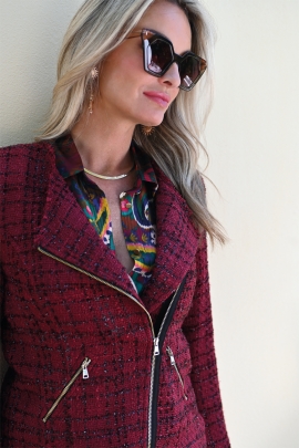 Veste femme en tweed bordeaux chanelisant avec zips Eden BLEU D'AZUR