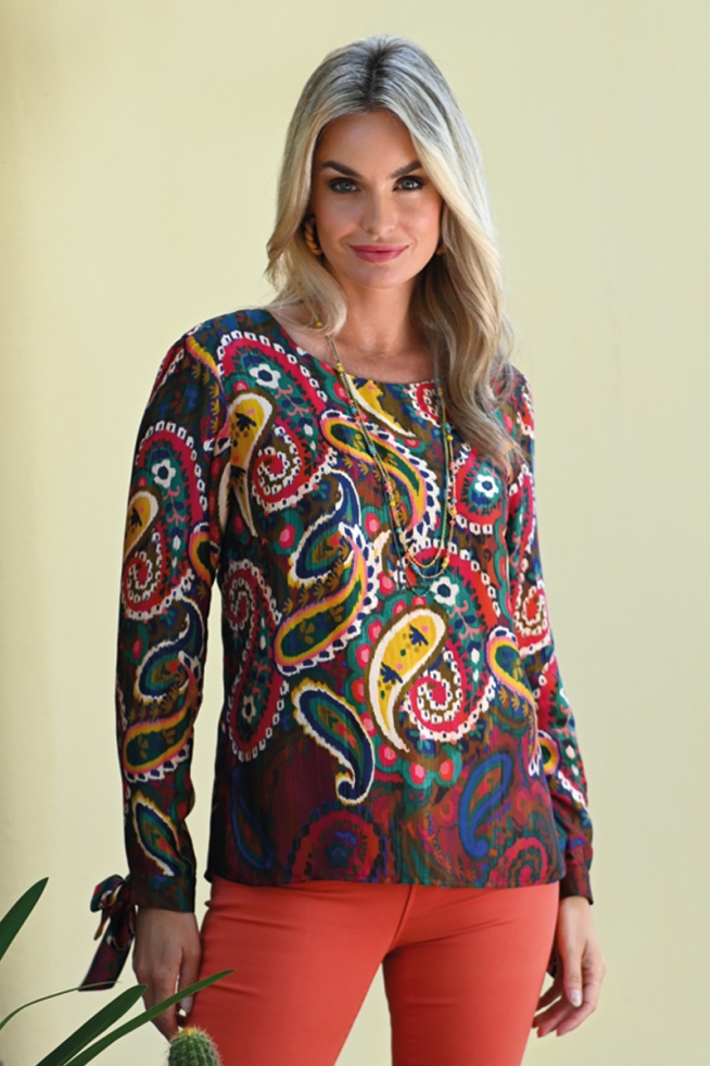 Blouse chic femme hiver imprimée cachemire ultra coloré Jerico BLEU D'AZUR