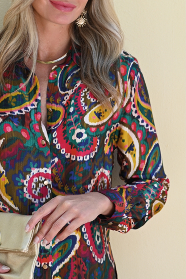 Chemise élégante hiver femme imprimée cachemire coloré Pereira BLEU D'AZUR