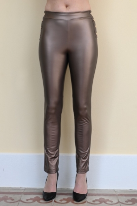 Pantalon slim femme hiver similicuir bronze rivets dorés Ruth BLEU D'AZUR
