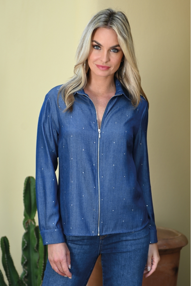 Chemise zip femme hiver effet bleu jeans strass chic Yopal BLEU D'AZUR